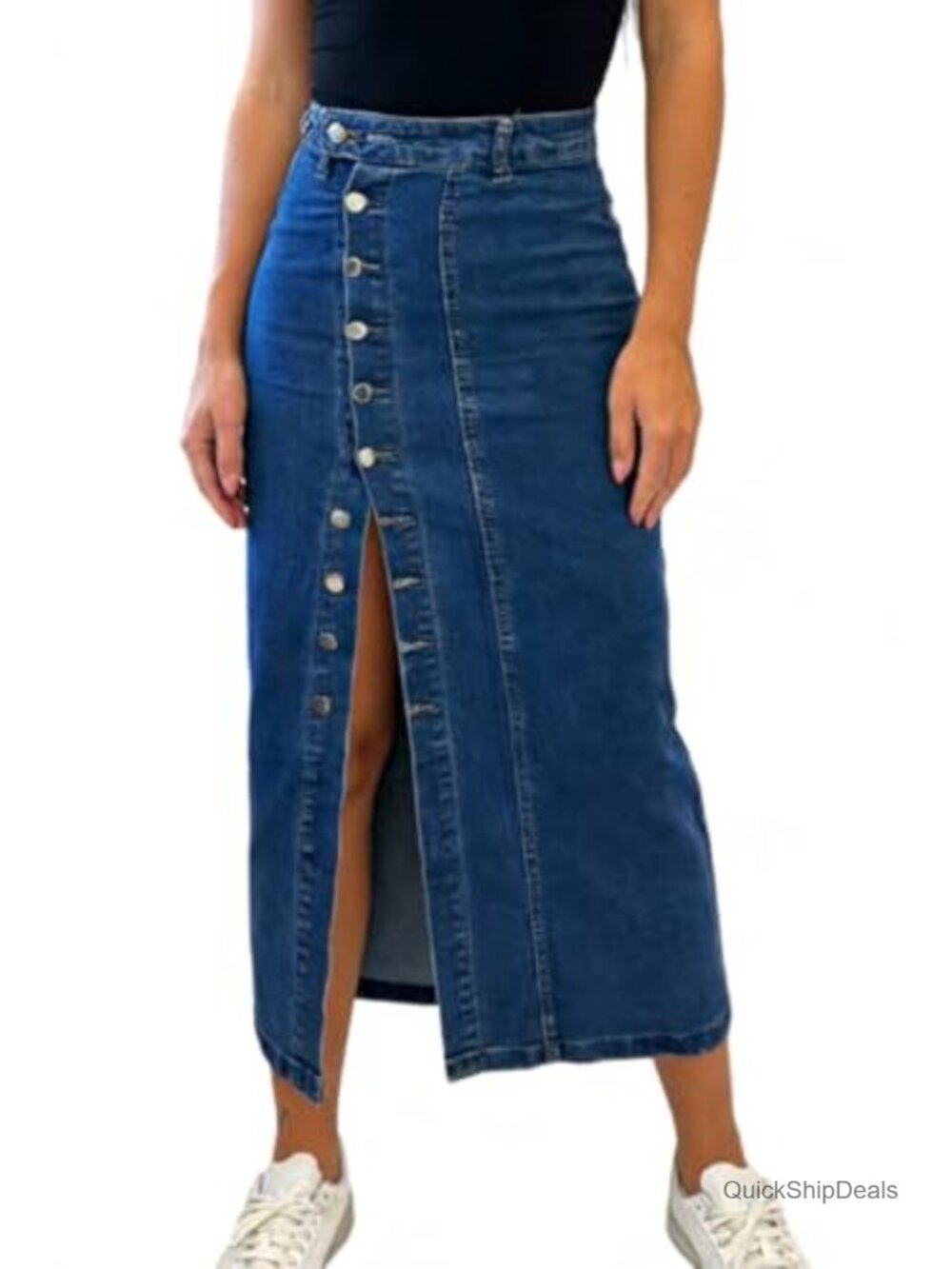 High Waisted Slit Midi Jean Skirt A-Line Stretch Denim Button